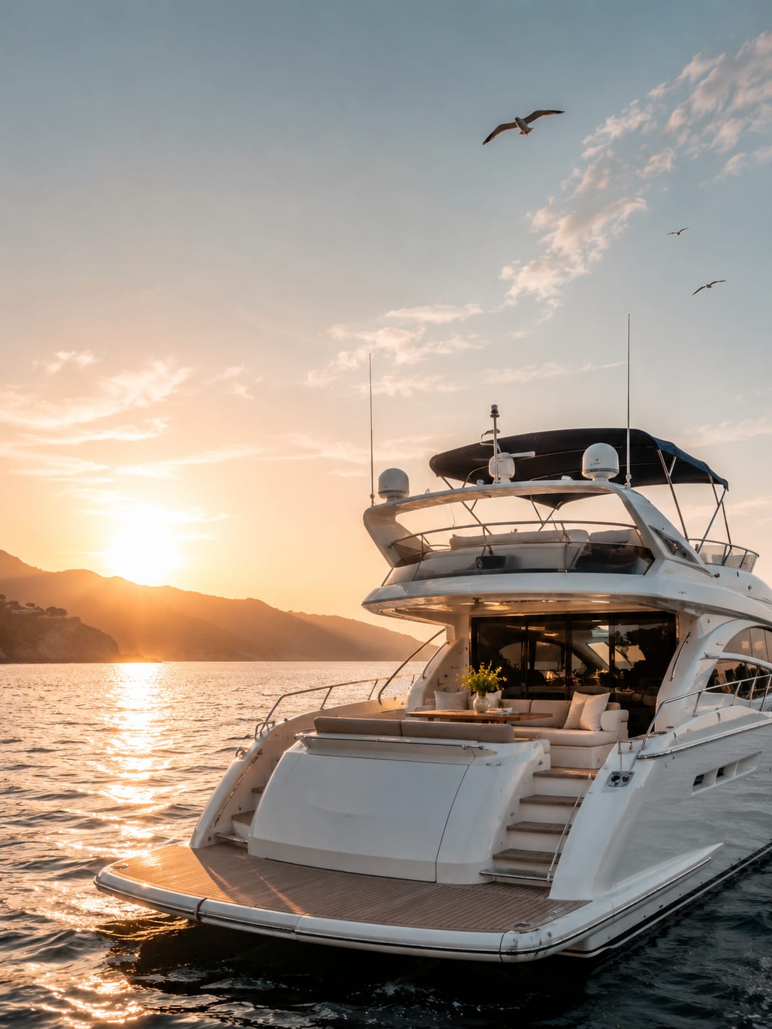 Luxury yacht cruising at sunset