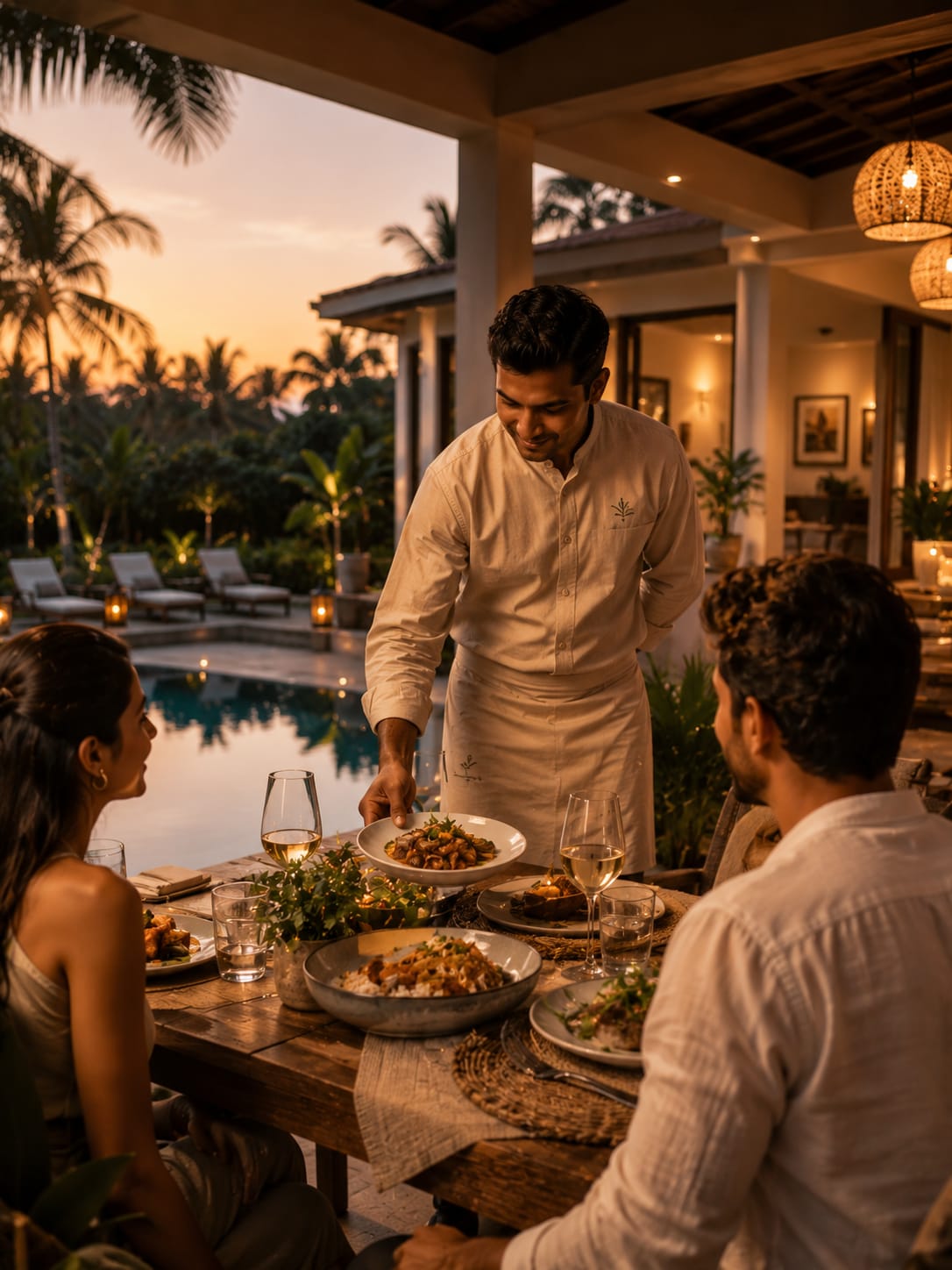 Chef plating a refined dish at a villa